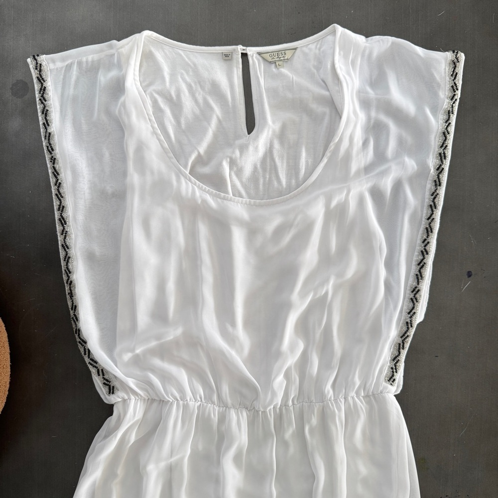 GUESS Y2K White Sleeveless Beaded Trim Blouson Mini Dress Cinched Elastic Waist - Picture 11 of 13